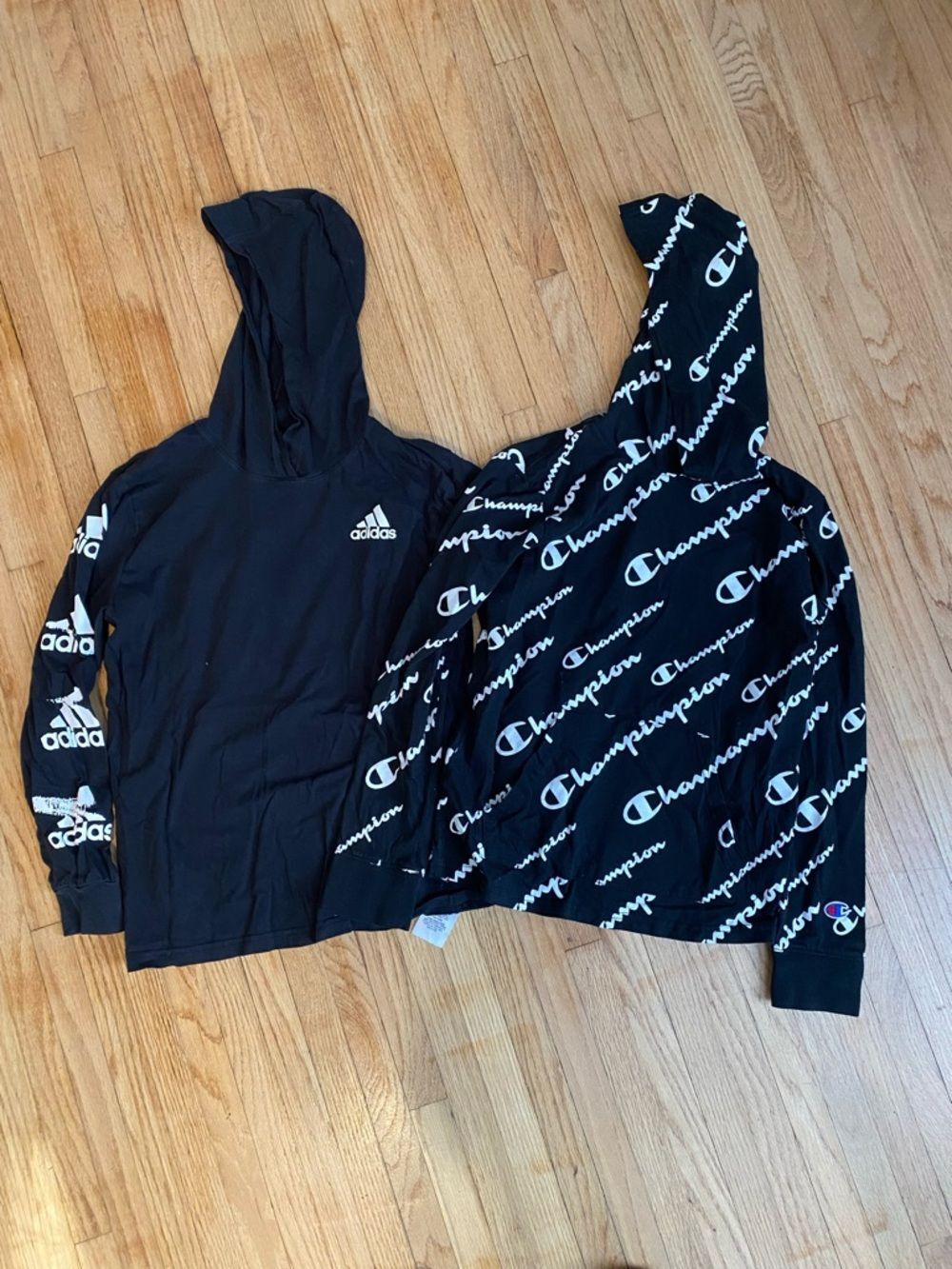 Champion & Adidas 10/12 Black Allover Logo Pullover Lightweight Hoodie for Kids